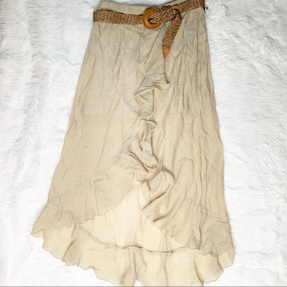 iZ BYER TAN HI-LOW RUFFLED SKIRT WITH BELT MEDIUM